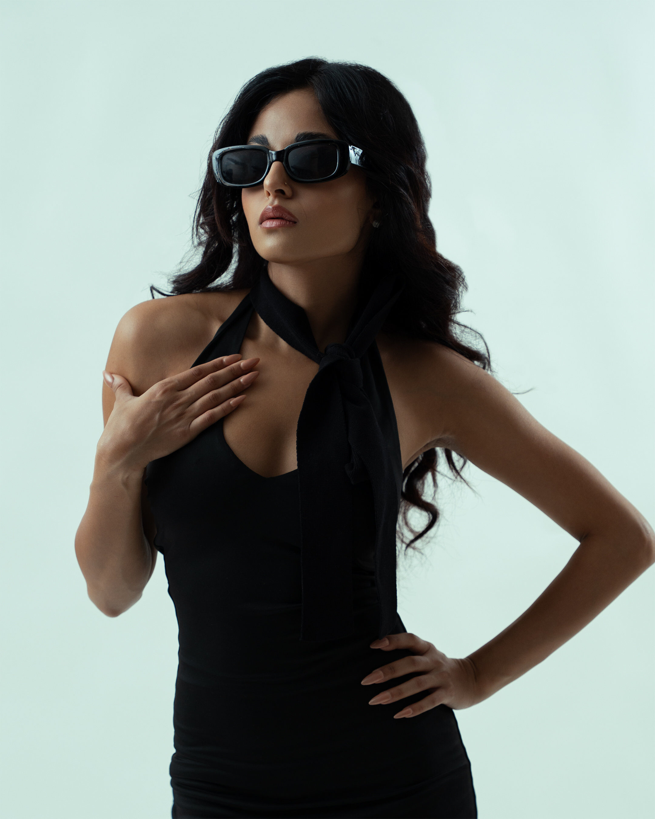Editorial portrait — sunglasses black halter