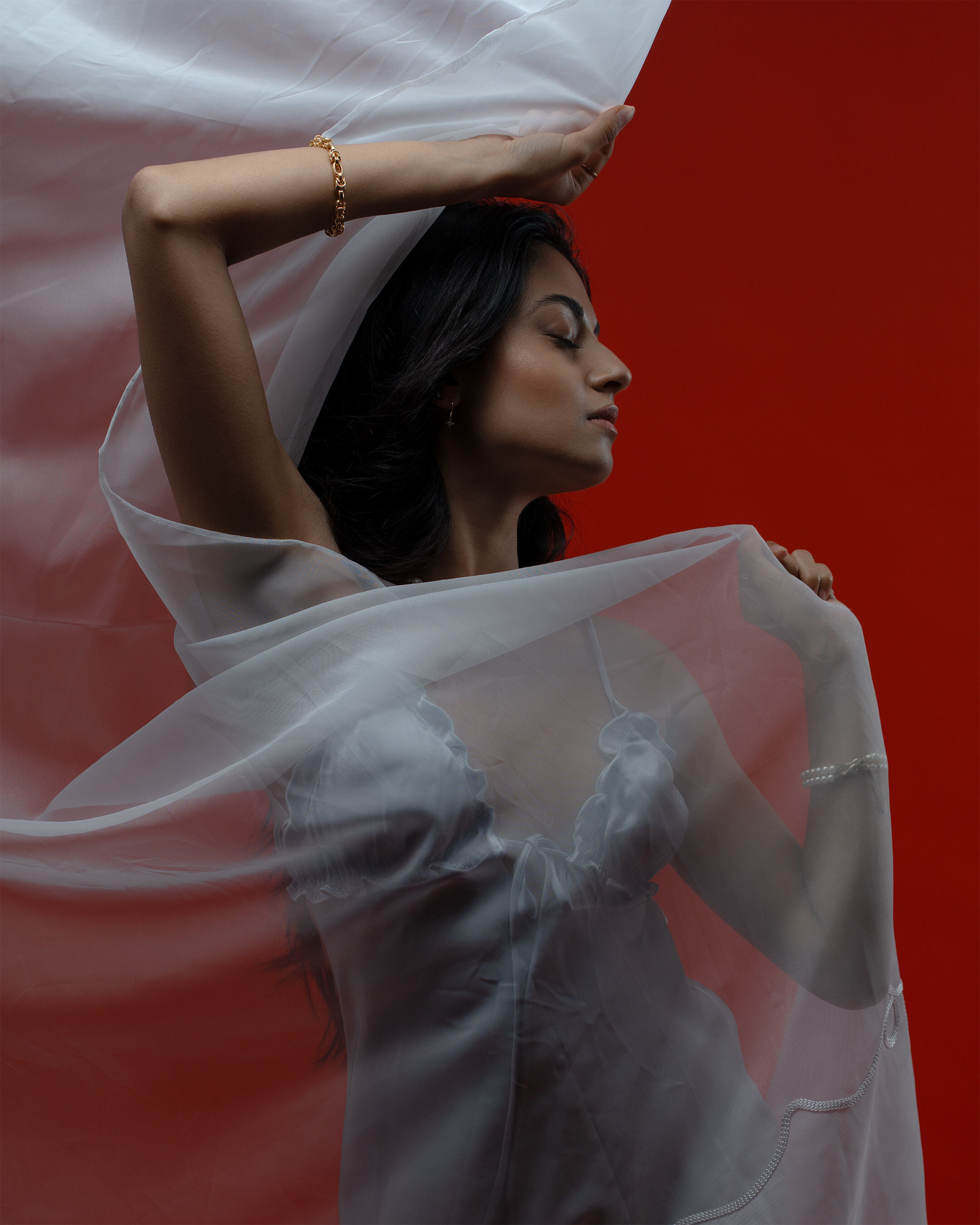 Fine art — sheer fabric on red profile
