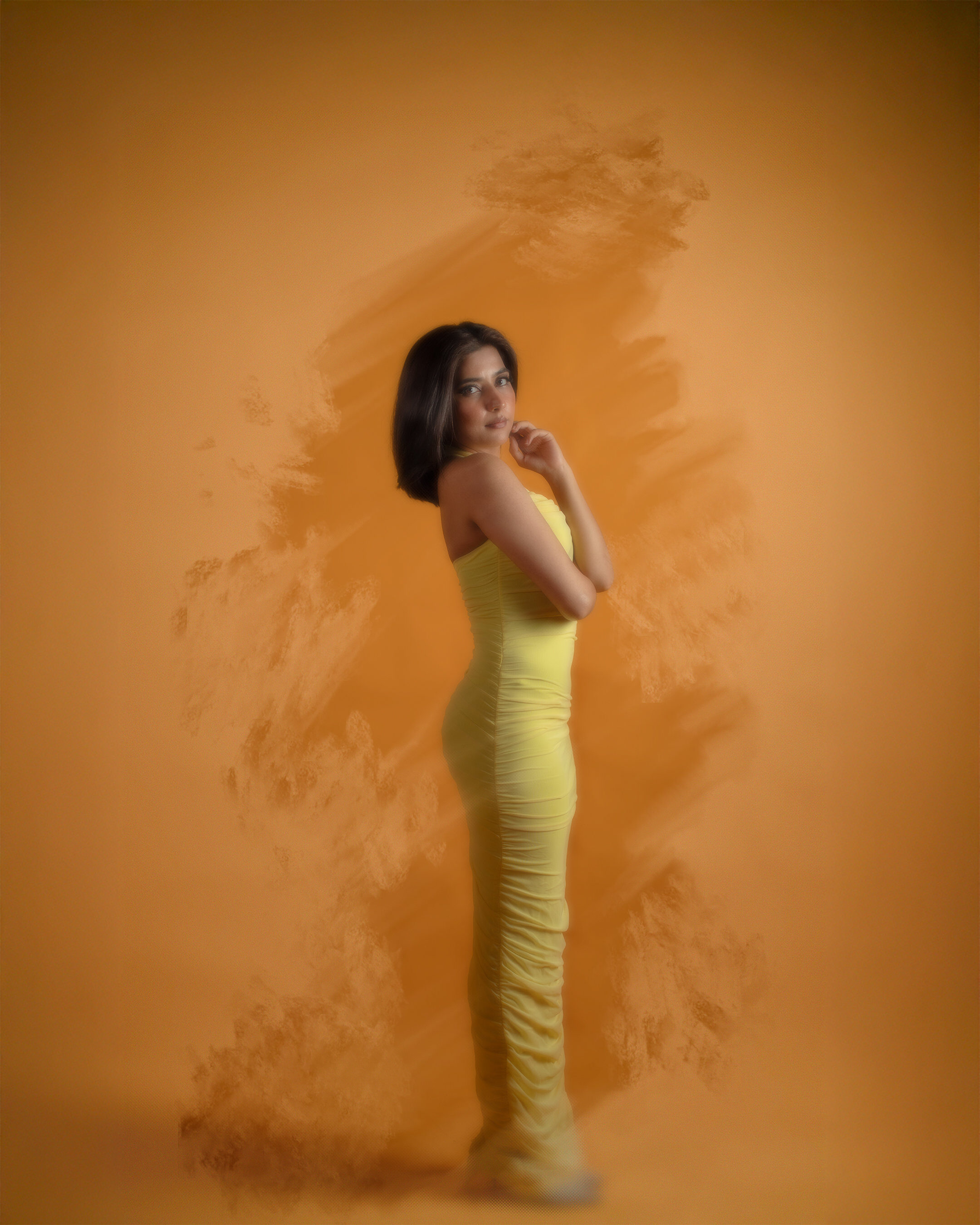 Fine art — yellow dress painted orange backdrop