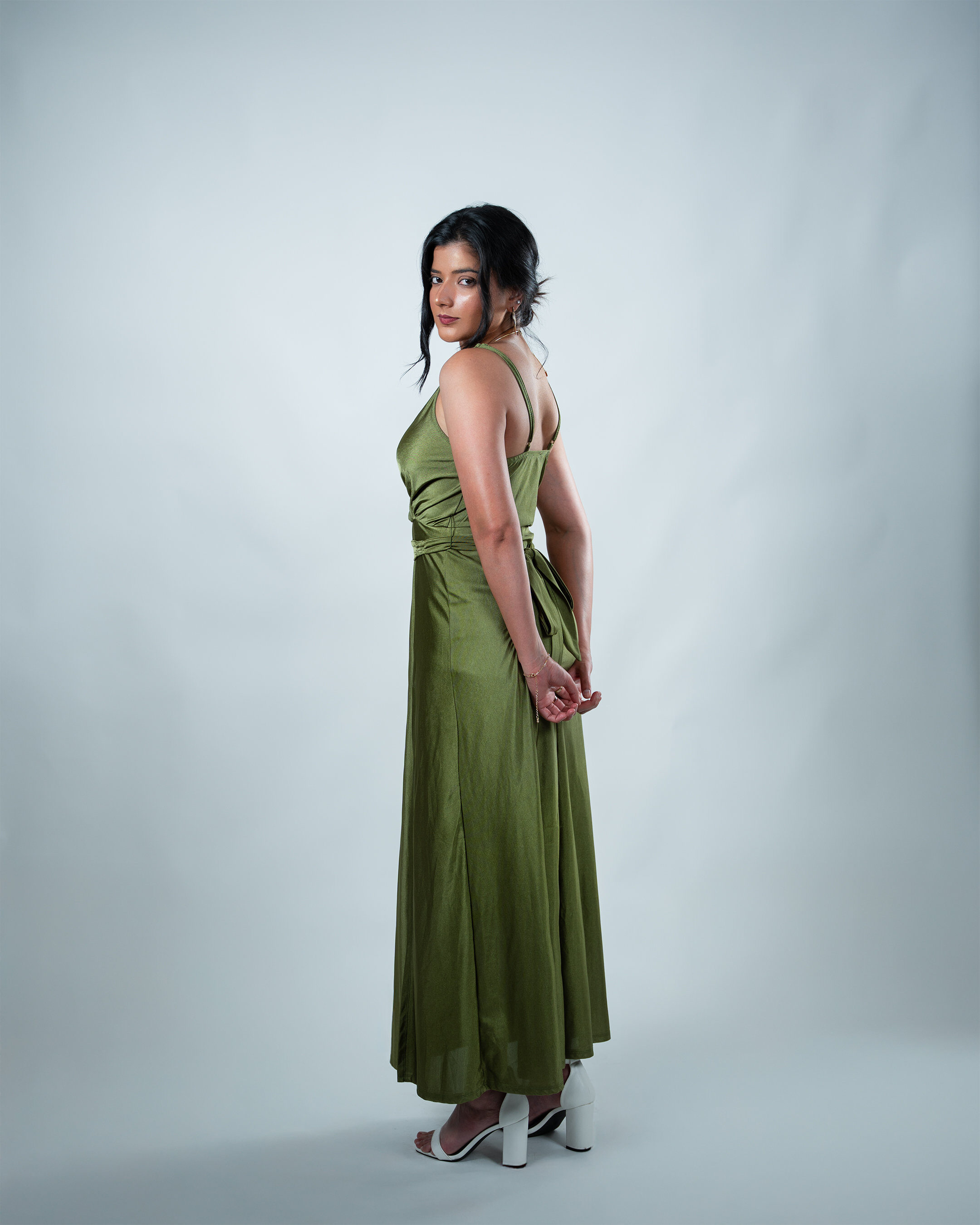 Studio portrait — olive backless halter dress