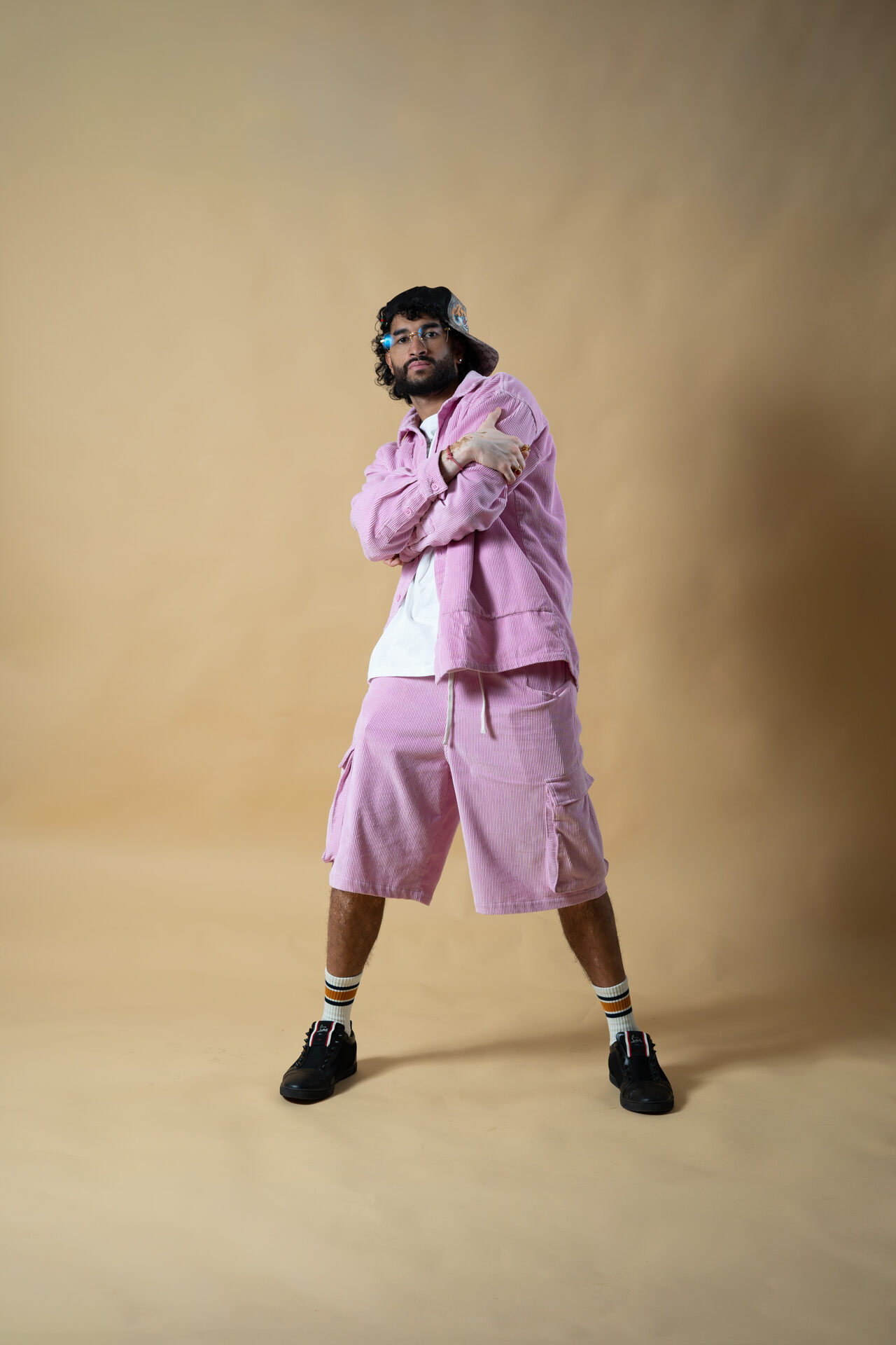 Shivi B — pink corduroy beige backdrop full body